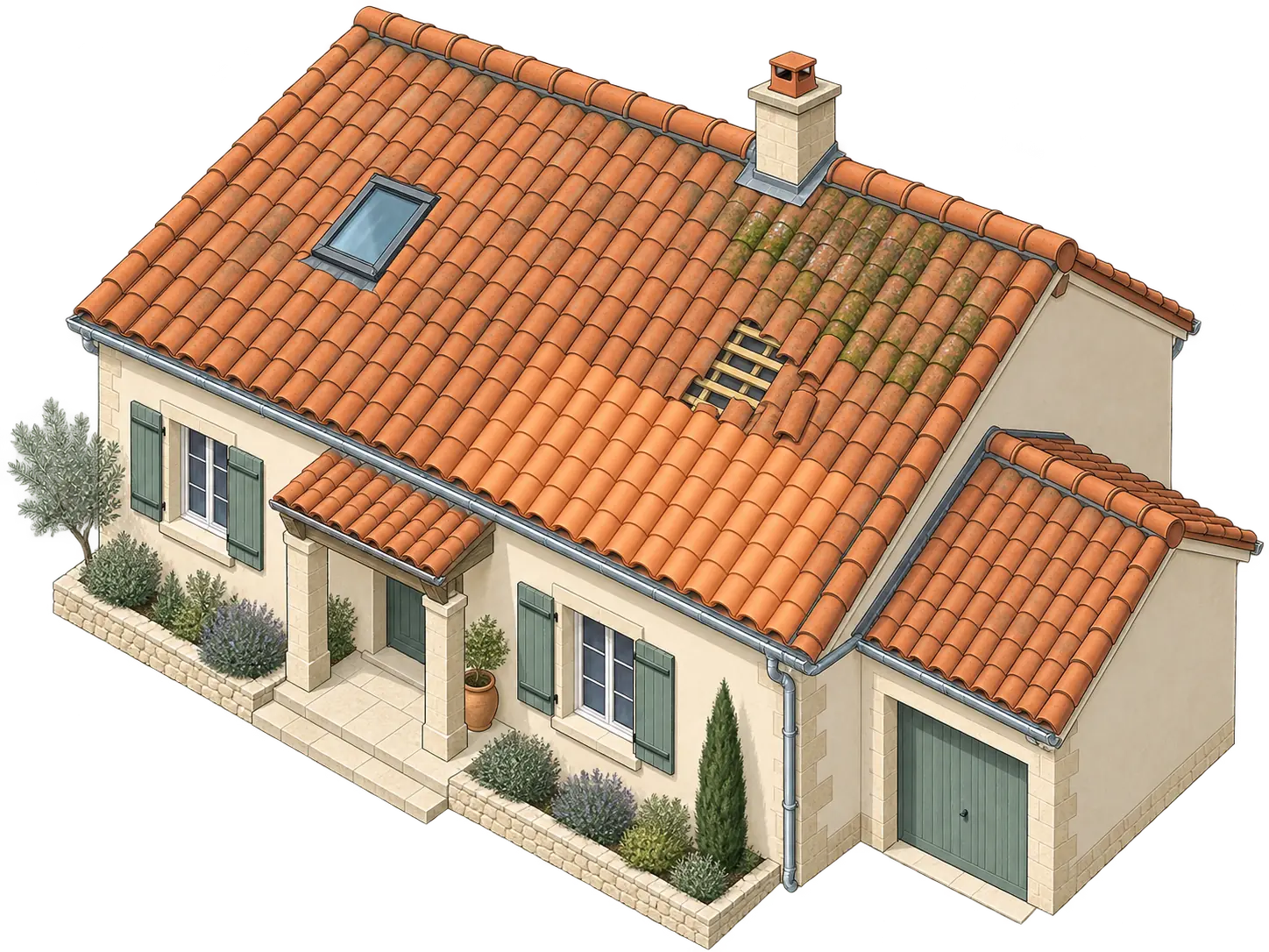 Maison en vue isométrique avec les principaux points de contrôle de la toiture